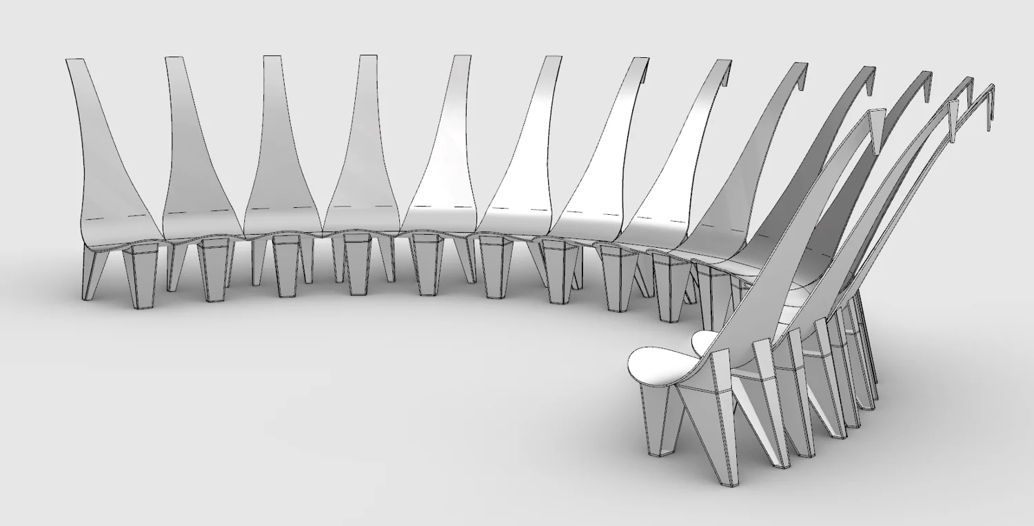 Preliminary curved configuration study of DÂ-NIYI chairs, not the planned full 28-chair circle